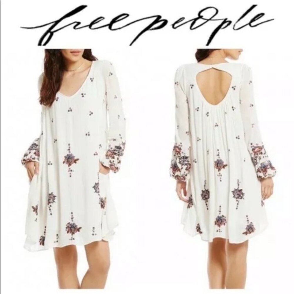 FREE PEOPLE Oxford Boho Embroidered Mini Shift Dress Ivory Pockets Size S